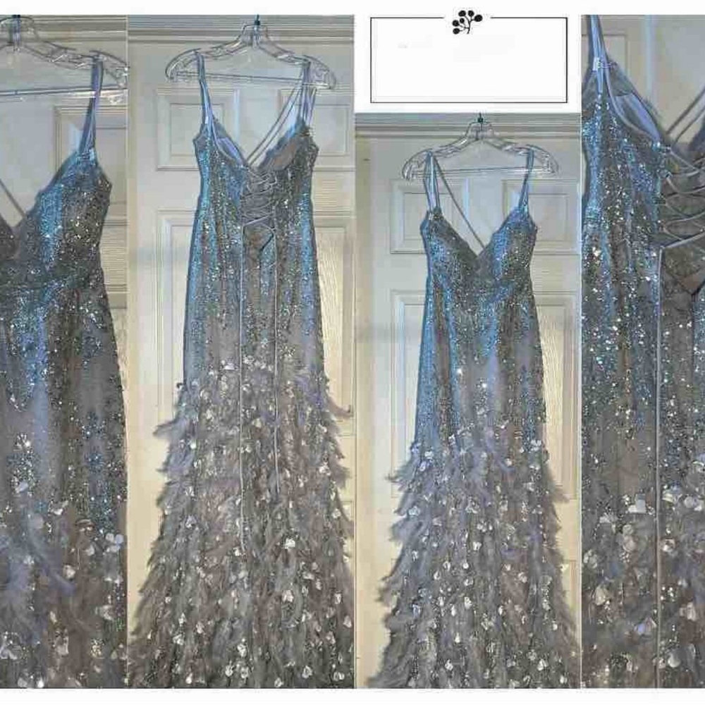 Don’t Procrastinate–Silver Embellished Beaded & Feather Gown–Homecoming/Prom